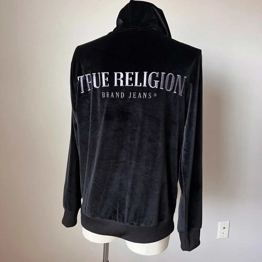 True Religion Mens Black Velour Zip Up Hoodie Horseshoe Velvet Logo‎ Black NWOT